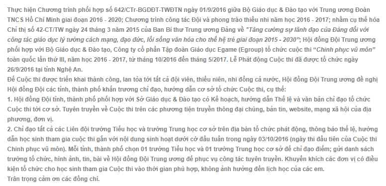 Công văn chỉ đạo triển khai cuộc thi Chinh phục vũ môn